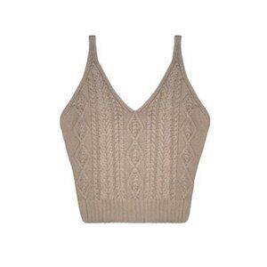 Classic Beige Cotton Cable Knit V-Neck Tank Top by Canada Knitwear